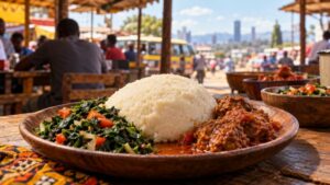 Tradiční východoafrické ugali podávané s dušenou listovou zeleninou sukuma wiki a masem v omáčce v pouliční jídelně v Nairobi.
